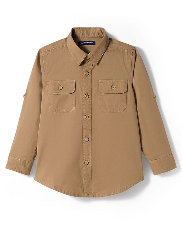 Pine Kids Cotton Woven Full Sleeves Shirt With Text Printed T-Shirt - Beige