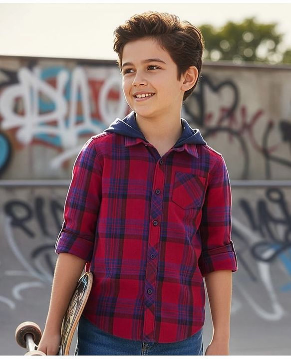 Pine Kids Cotton Woven Full Sleeves Hooded Shirt With Checks - Red