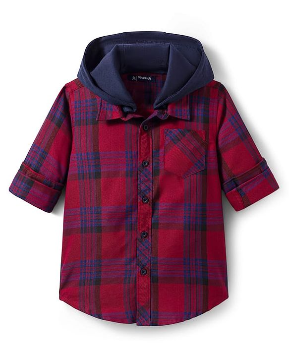 Pine Kids Cotton Woven Full Sleeves Hooded Shirt With Checks - Red