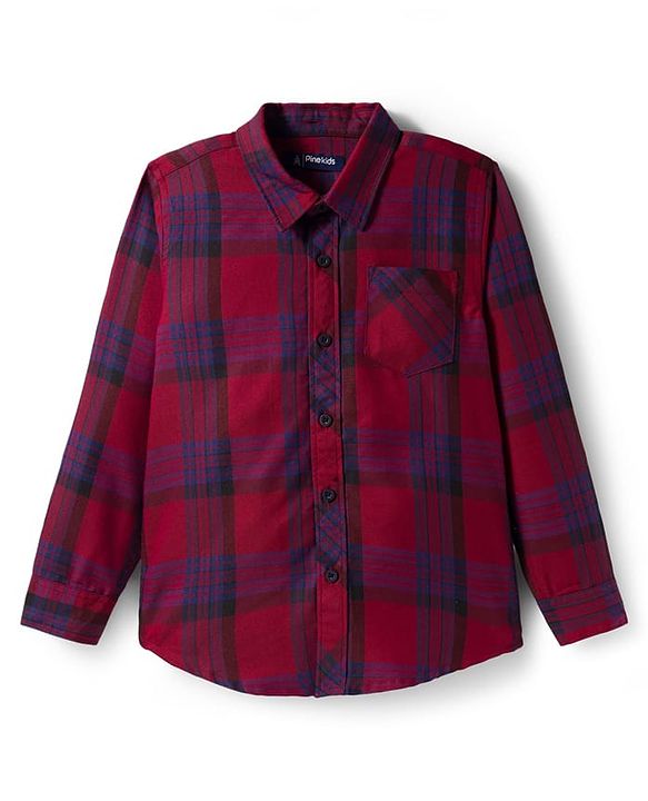 Pine Kids Cotton Woven Full Sleeves Hooded Shirt With Checks - Red