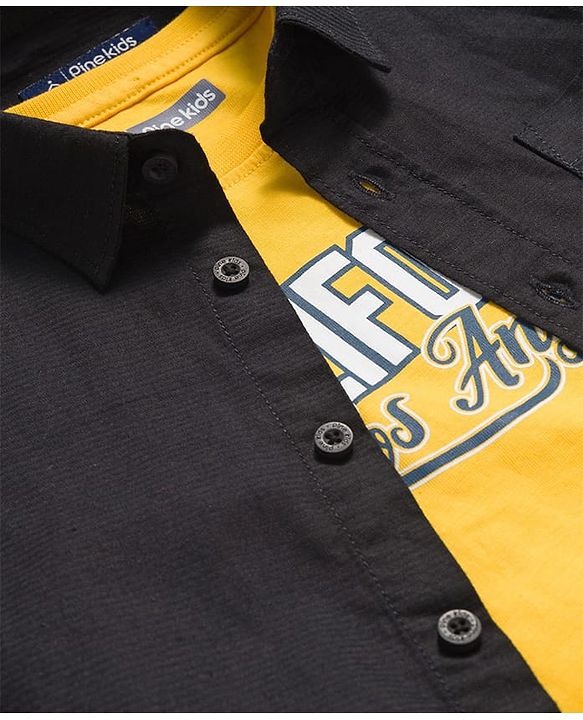 Pine Kids Cotton Woven Full Sleeves Shirt With Printed T-Shirt - Black