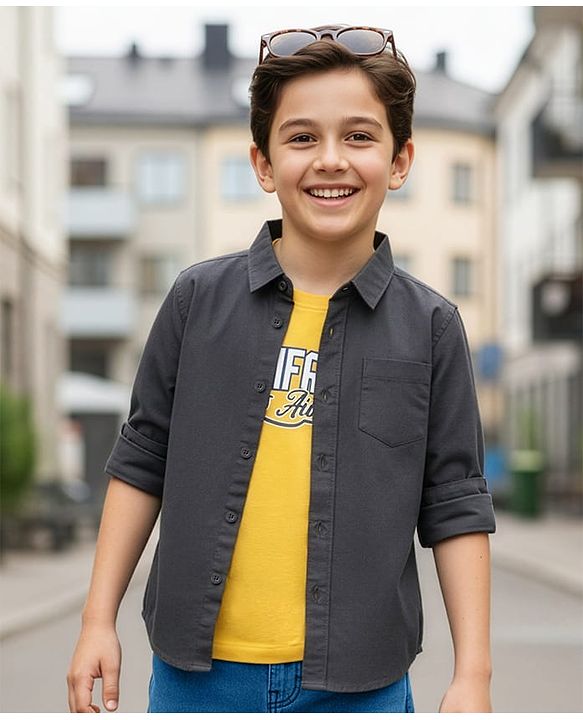 Pine Kids Cotton Woven Full Sleeves Shirt With Printed T-Shirt - Black