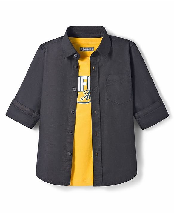 Pine Kids Cotton Woven Full Sleeves Shirt With Printed T-Shirt - Black