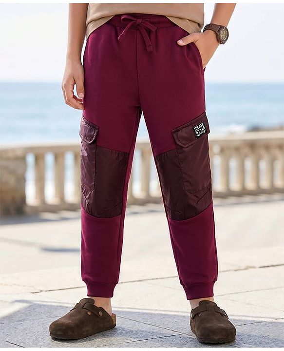 Pine Kids Cotton Knit Full Length Cut & Sew Lounge Pant With Cargo Pockets - Wine