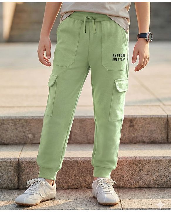 Pine Kids Cotton Knit Full Length Lounge Pant With Text Print & Cargo Pockets - Light Green