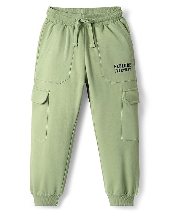 Pine Kids Cotton Knit Full Length Lounge Pant With Text Print & Cargo Pockets - Light Green
