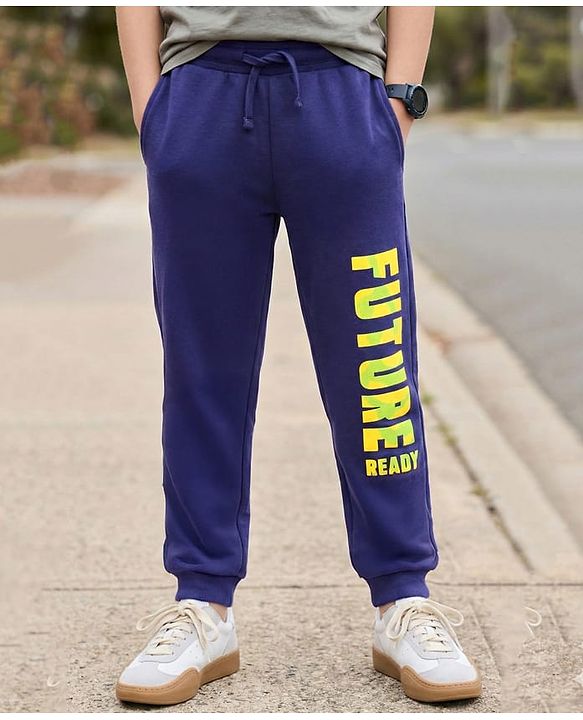 Pine Kids Cotton Knit Full Length Lounge Pants With Future Ready Text Print - Navy Blue