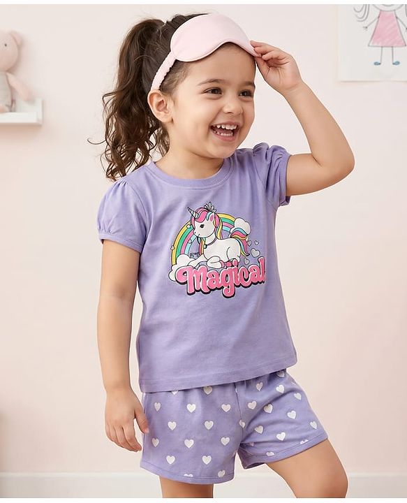 Babyhug Cotton Knit Frill Sleeves Shorts Night Suit With Unicorn Print - Lavender