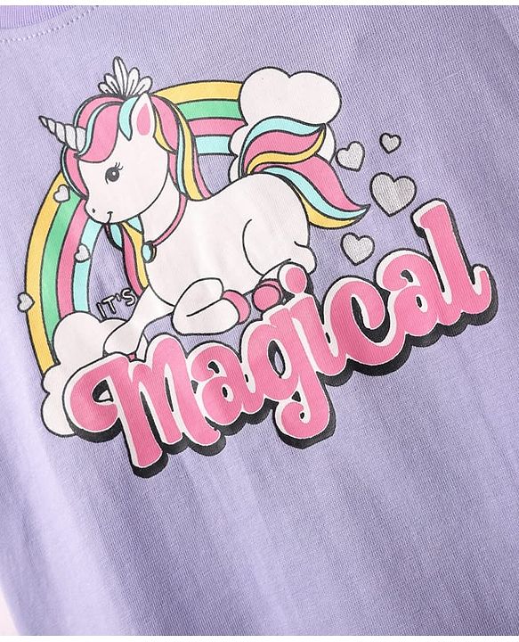 Babyhug Cotton Knit Frill Sleeves Shorts Night Suit With Unicorn Print - Lavender