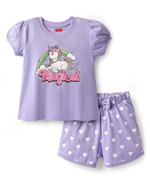 Babyhug Cotton Knit Frill Sleeves Shorts Night Suit With Unicorn Print - Lavender