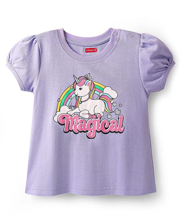 Babyhug Cotton Knit Frill Sleeves Shorts Night Suit With Unicorn Print - Lavender