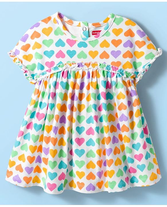 Babyhug Single Jersey Knit Half Sleeves Frock with Heart Print - White