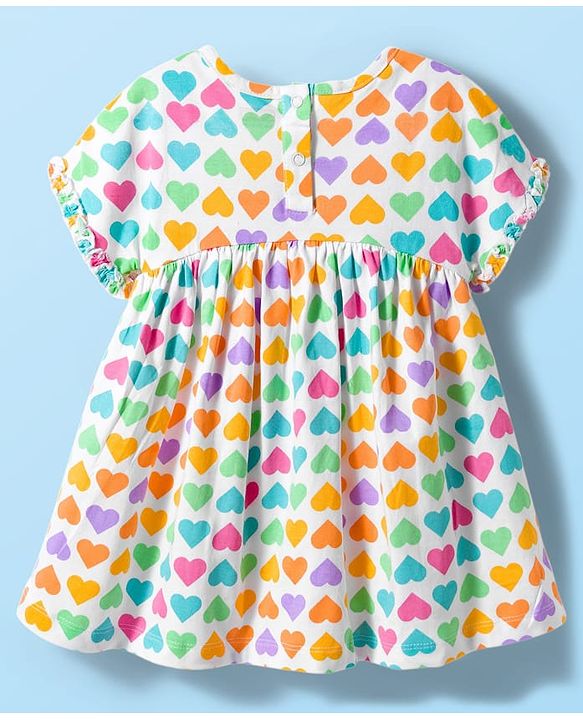 Babyhug Single Jersey Knit Half Sleeves Frock with Heart Print - White