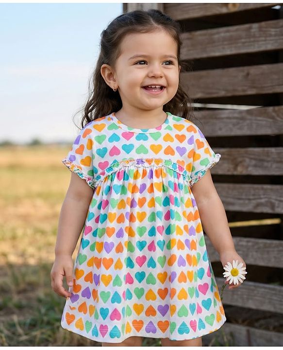 Babyhug Single Jersey Knit Half Sleeves Frock with Heart Print - White