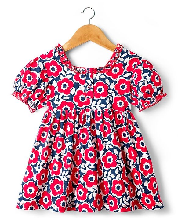 Babyhug Single Jersey Knit Half Sleeves Frock With Floral Print & Bow Applique - Multicolor