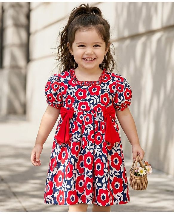Babyhug Single Jersey Knit Half Sleeves Frock With Floral Print & Bow Applique - Multicolor