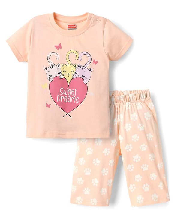 Babyhug Cotton Knit Half Sleeves Capri Night Suit With Kitten Print - Pink
