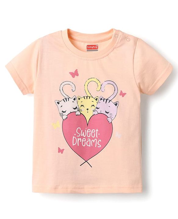 Babyhug Cotton Knit Half Sleeves Capri Night Suit With Kitten Print - Pink
