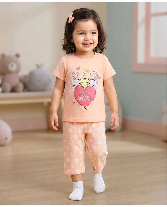 Babyhug Cotton Knit Half Sleeves Capri Night Suit With Kitten Print - Pink