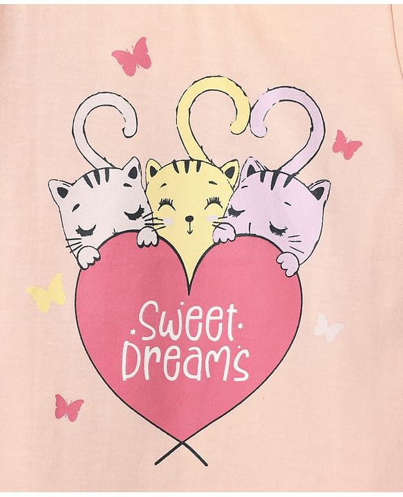Babyhug Cotton Knit Half Sleeves Capri Night Suit With Kitten Print - Pink