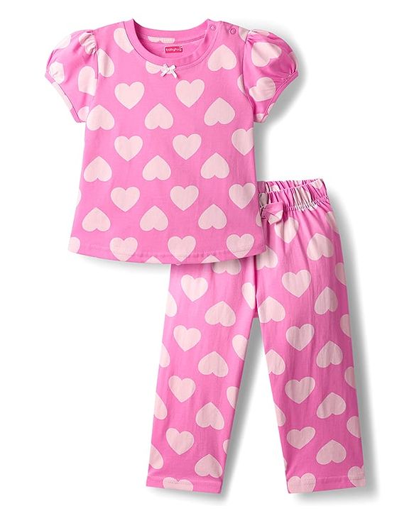 Babyhug Cotton Knit Half Sleeves Co-Ord Night Suit With Heart Print - Pink