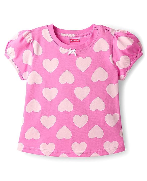 Babyhug Cotton Knit Half Sleeves Co-Ord Night Suit With Heart Print - Pink
