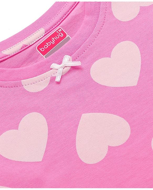 Babyhug Cotton Knit Half Sleeves Co-Ord Night Suit With Heart Print - Pink