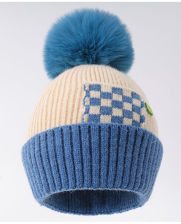 Babyhug Woollen Cap With Checks Design & Pom Pom Blue - Diameter 13 cm