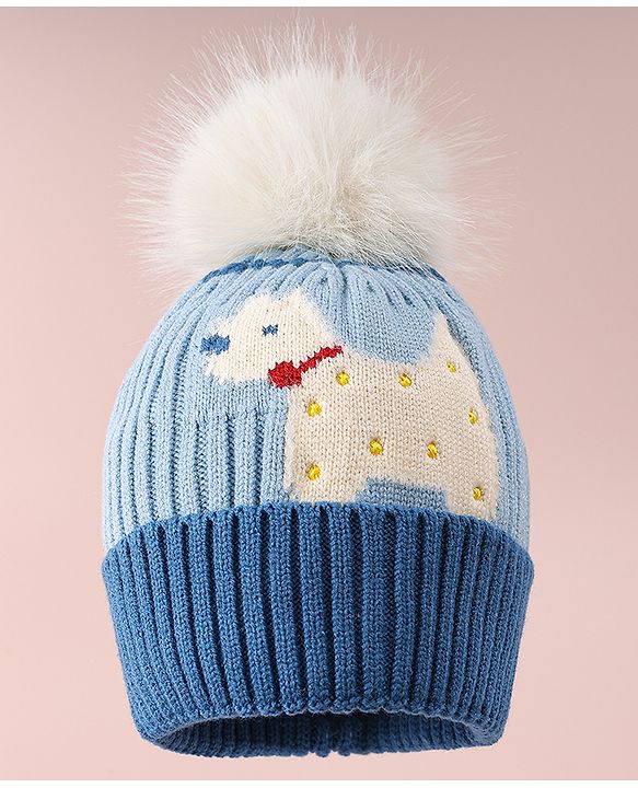 Babyhug Woollen Cap with Doggy Design & Bobble Applique Blue - Diameter 11.5 cm