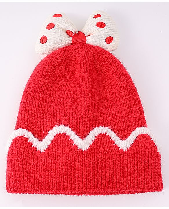 Babyhug Woollen Cap With Bow Applique Red & White - Diameter 13 cm