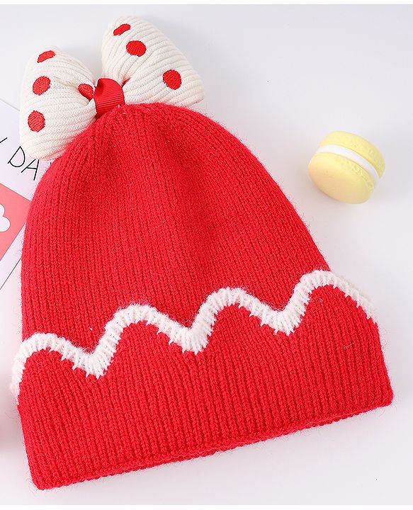 Babyhug Woollen Cap With Bow Applique Red & White - Diameter 13 cm