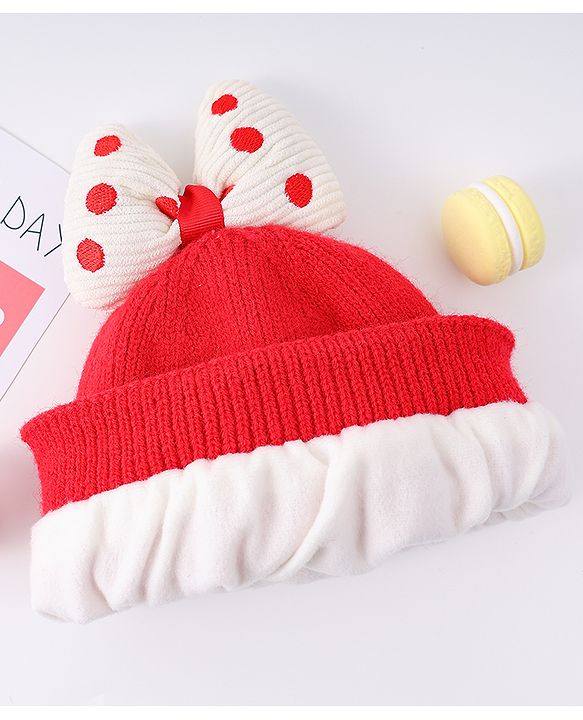 Babyhug Woollen Cap With Bow Applique Red & White - Diameter 13 cm