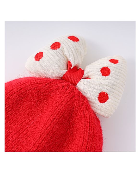Babyhug Woollen Cap With Bow Applique Red & White - Diameter 13 cm
