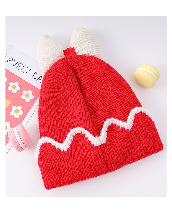 Babyhug Woollen Cap With Bow Applique Red & White - Diameter 13 cm
