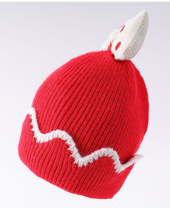 Babyhug Woollen Cap With Bow Applique Red & White - Diameter 13 cm