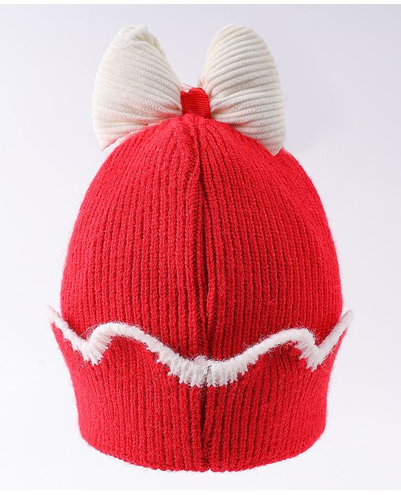 Babyhug Woollen Cap With Bow Applique Red & White - Diameter 13 cm