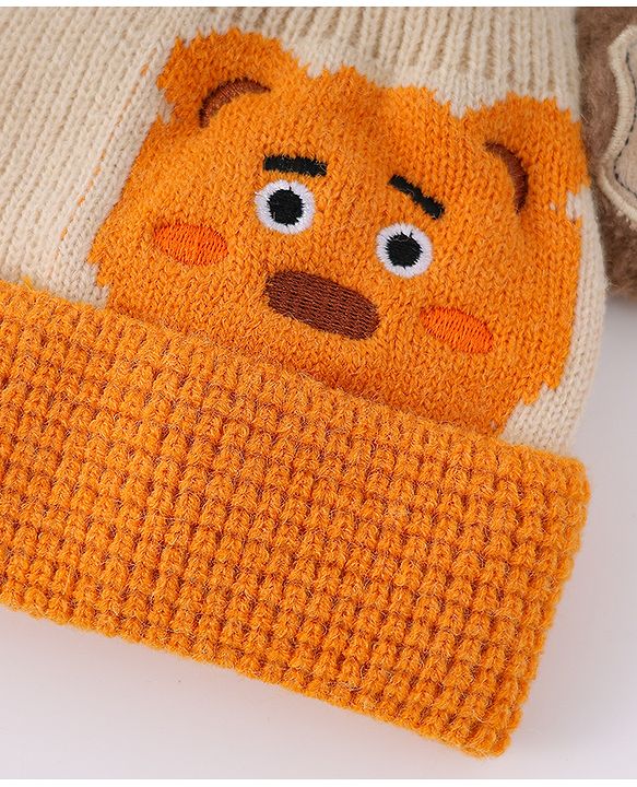 Babyhug Woollen Cap With Bear Face & Ear Applique  Orange - Diameter 10 cm
