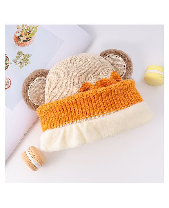 Babyhug Woollen Cap With Bear Face & Ear Applique  Orange - Diameter 10 cm