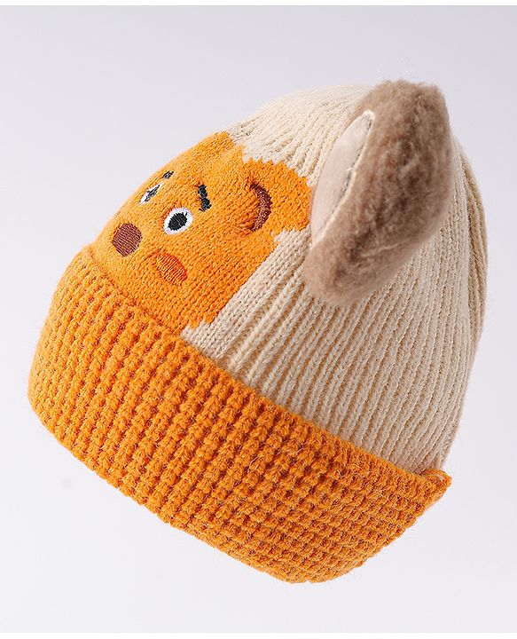 Babyhug Woollen Cap With Bear Face & Ear Applique  Orange - Diameter 10 cm
