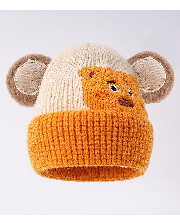 Babyhug Woollen Cap With Bear Face & Ear Applique  Orange - Diameter 10 cm
