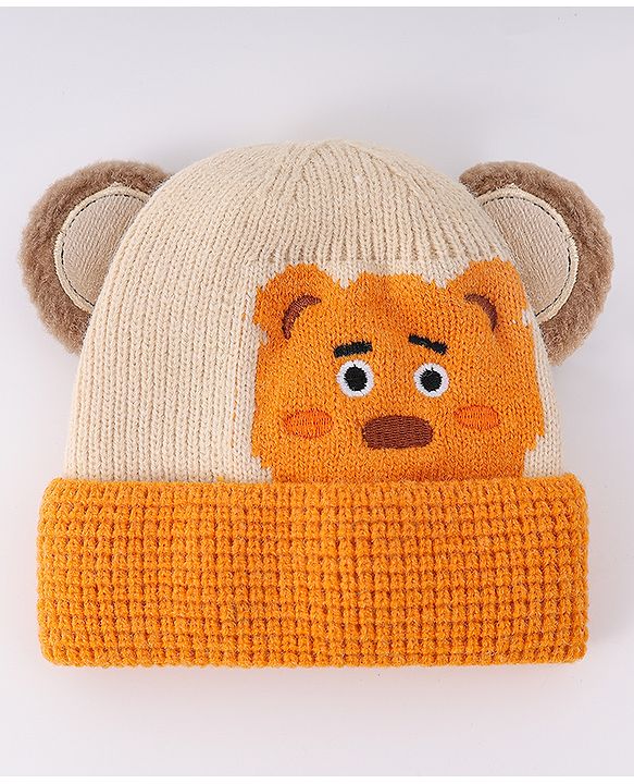 Babyhug Woollen Cap With Bear Face & Ear Applique  Orange - Diameter 10 cm