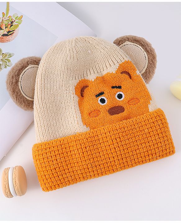 Babyhug Woollen Cap With Bear Face & Ear Applique  Orange - Diameter 10 cm