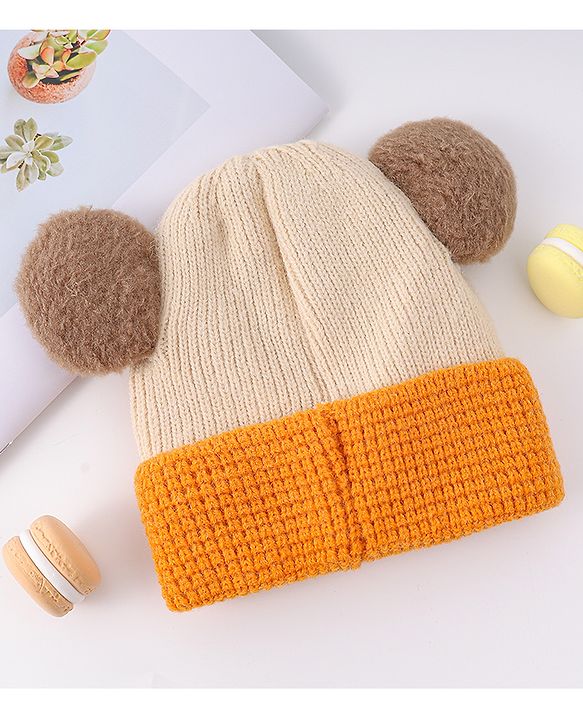 Babyhug Woollen Cap With Bear Face & Ear Applique  Orange - Diameter 10 cm