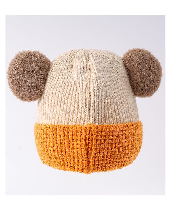 Babyhug Woollen Cap With Bear Face & Ear Applique  Orange - Diameter 10 cm