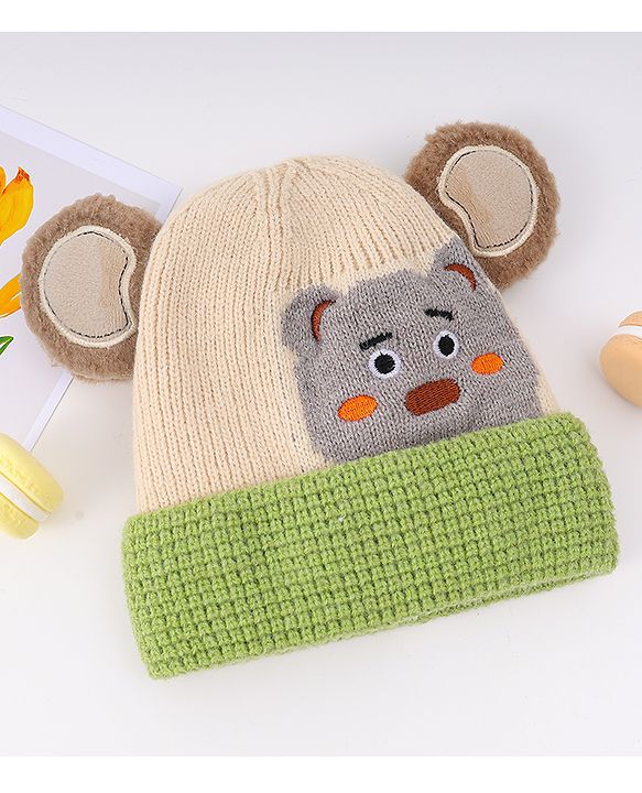 Babyhug Woollen Cap With Bear Face & Ear Applique  Orange - Diameter 10 cm