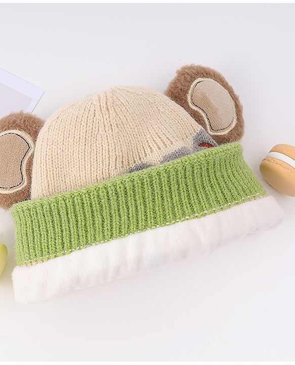 Babyhug Woollen Cap With Bear Face & Ear Applique  Orange - Diameter 10 cm