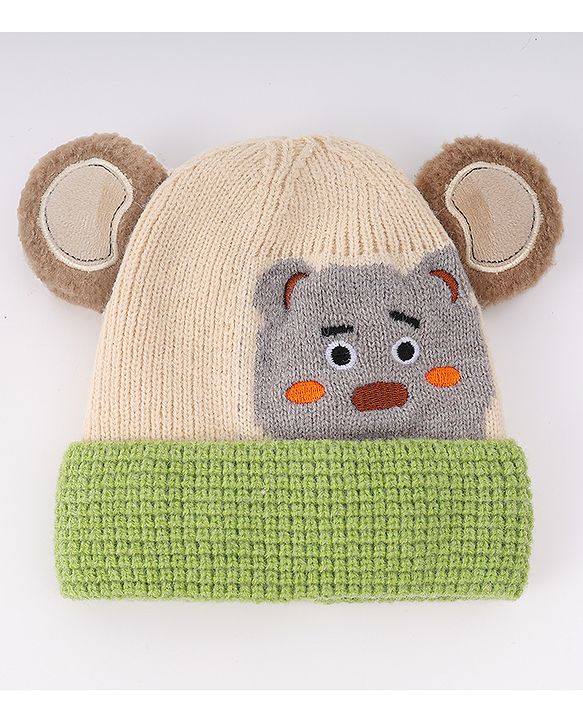 Babyhug Woollen Cap With Bear Face & Ear Applique  Orange - Diameter 10 cm