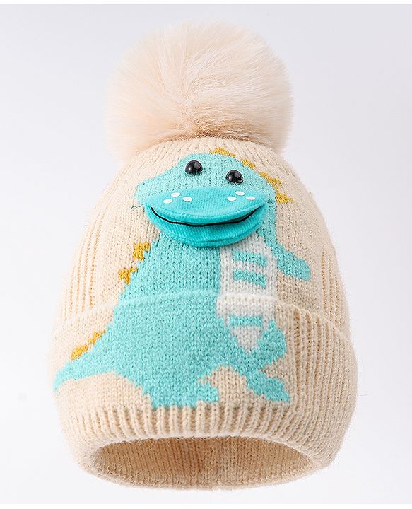 Babyhug Woollen Cap with Dino Design & Bobble Applique Beige & Light Blue - Diameter 11 cm