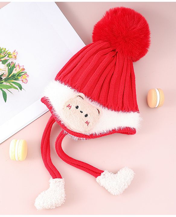 Babyhug Woollen Cap  With Cord & Bunny Applique Red - Diameter 13.5 cm