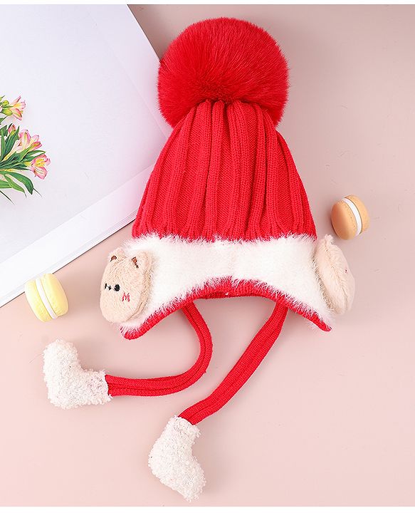 Babyhug Woollen Cap  With Cord & Bunny Applique Red - Diameter 13.5 cm